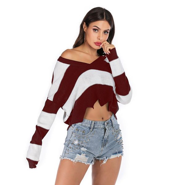 LOVEVVR women's popular autumn and winter sweater women's  wavy edge V-neck striped short open-navel loose knitted sweater