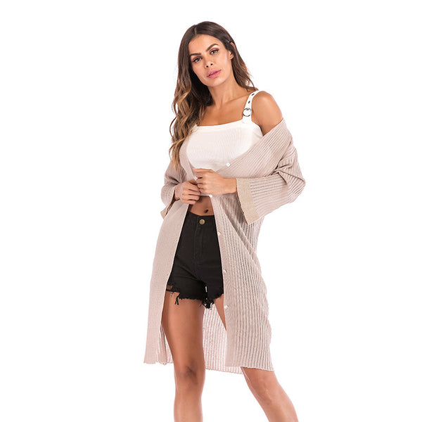 LOVEVVR Europe and the United States  Hot autumn and winter knitted sweater medium and long outer wear single-breasted cardigan casual sweater jacket women's clothing