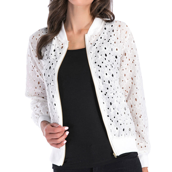 LOVEVVR Hot autumn new lace hook-up hollow blouse zipper cardigan, long-sleeved jacket women