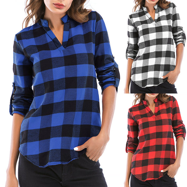 LOVEVVR Pass autumn women's clothing new plaid shirt women's long-sleeved Popular trade 2025 small V-neck shirt slim top women's wholesale