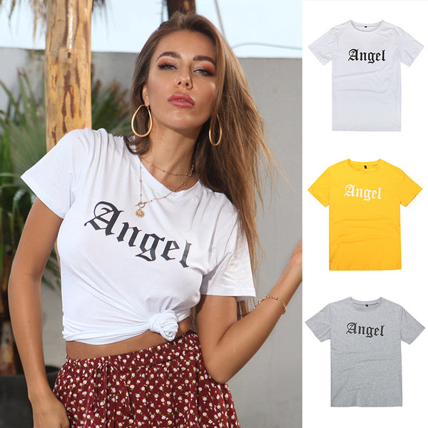 LOVEVVR New Popular trade 2025 women's clothing crew neck letter print white t-shirt short sleeve 2025n casual summer top