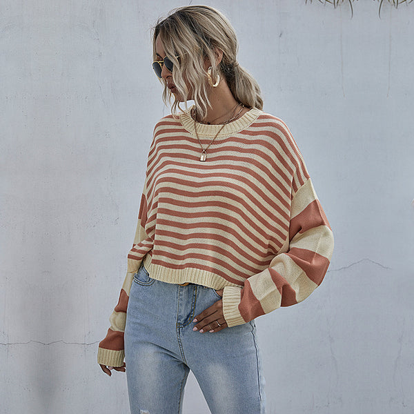 LOVEVVR Popular trade women's clothing top Japanese striped loose knitted sweater round neck short early autumn new pullover sweater