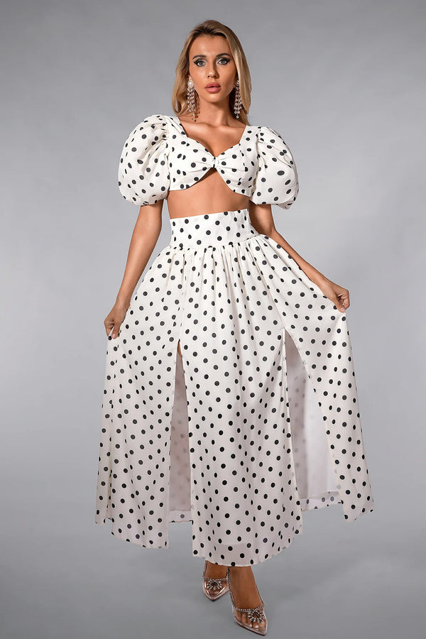 LOVEVVR Olinda Polka Dot Mini Top with High Slit Skirt Set