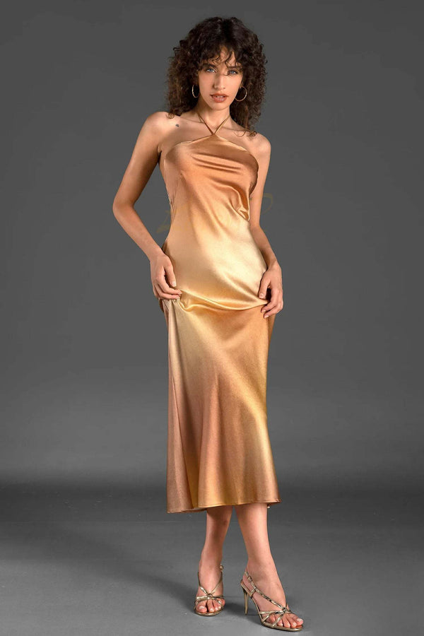 LOVEVVR Zanelis Halter Gradient Silk Dress In Gold