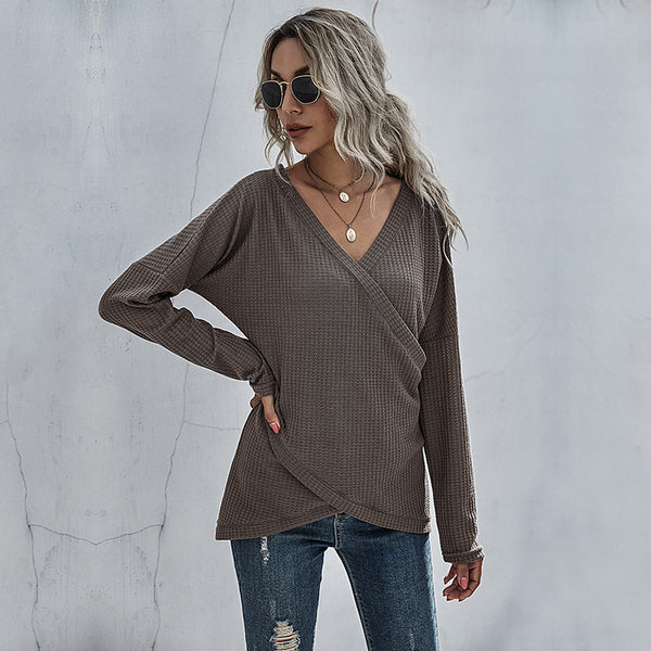 LOVEVVR New Popular trade women's knitted sweater  style irregular long-sleeved V-neck top women's popular autumn