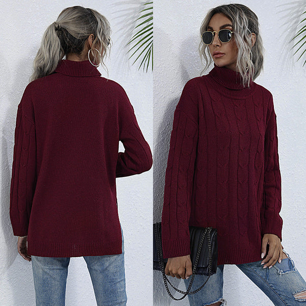 LOVEVVR popular new women's clothing autumn and winter turtleneck pullover solid color split knitted sweater Popular trade  twist sweater wholesale