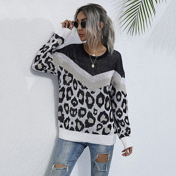 LOVEVVR New 2023 autumn and winter leopard print splicing contrasting colors loose  crew neck knitted sweater women's jumper