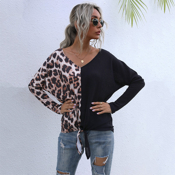 LOVEVVR popular autumn 2025 sexy splicing leopard print v-neck bottoming shirt t-shirt female  New Popular trade top wholesale