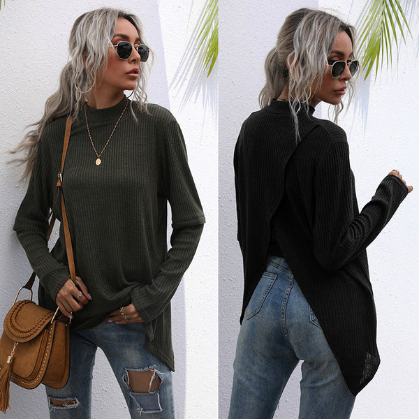 LOVEVVR New Popular trade long-sleeved top split-ended sweater medium and long popular autumn irregular splicing knitted sweater