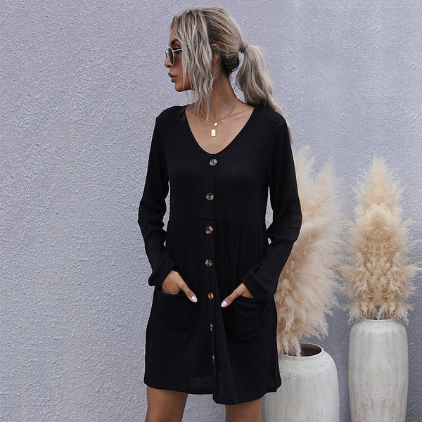 LOVEVVR New popular autumn and winter Popular and  loose long-sleeved slim-fitting solid color v-neck knitted sweater dress women