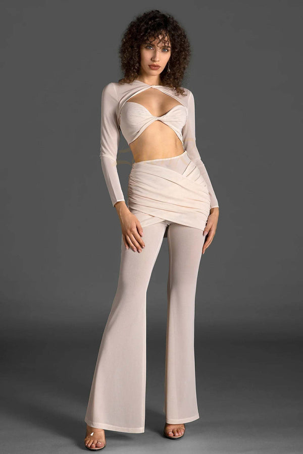 LOVEVVR Vassidi Long Sleeve Pleat Twisted Mesh Set In White