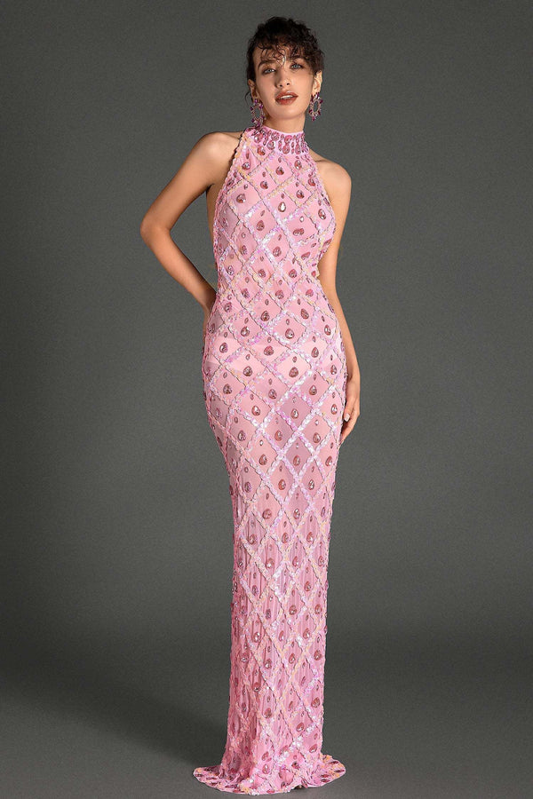 LOVEVVR Vasilis Diamond Halter Neck Mermaid Dress In Pink