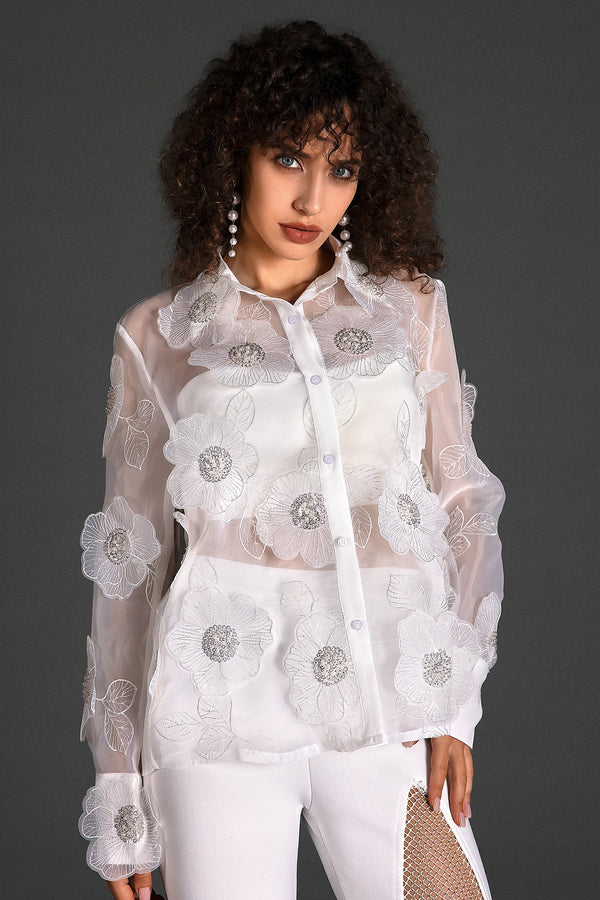 LOVEVVR Gilbert Organza Embroider Floral Shirt