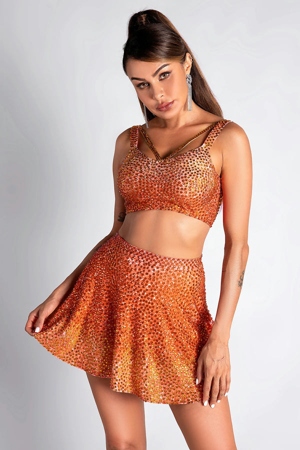 LOVEVVR Pre-Sale Melaki Orange Rhinestone 3 Piece Skirt Set