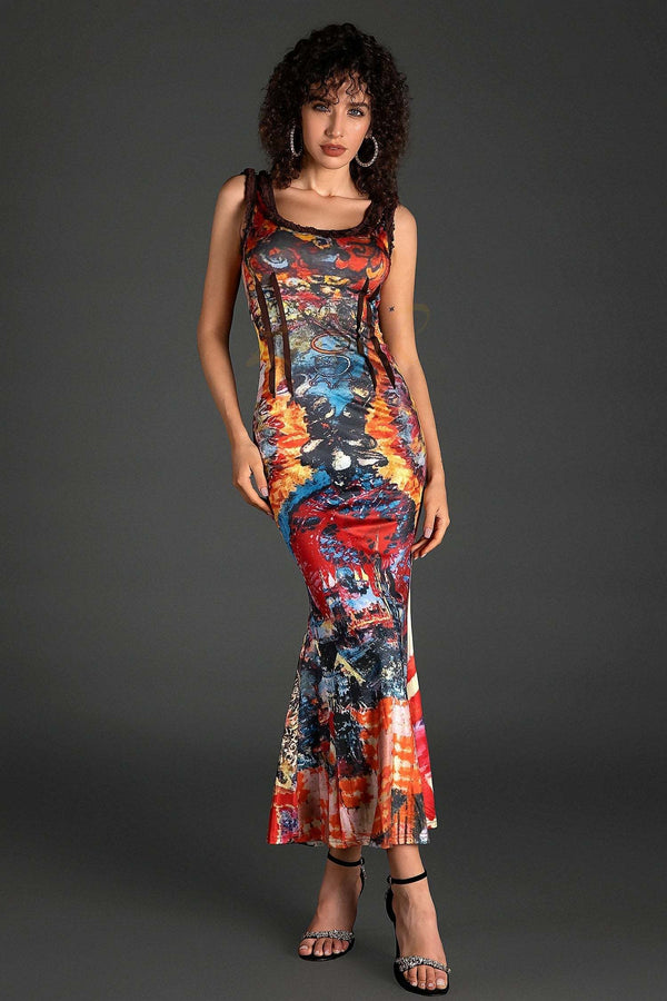 LOVEVVR Zenea Sleeveless Tie Dye Print Midi Dress