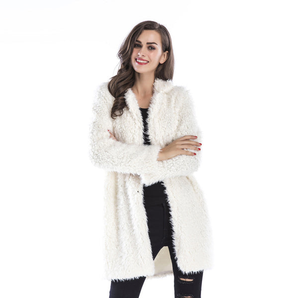 LOVEVVR Hot autumn and winter women's new fashionable and elegant lamb wool long-sleeved coat lapel fluffy medium and long coat