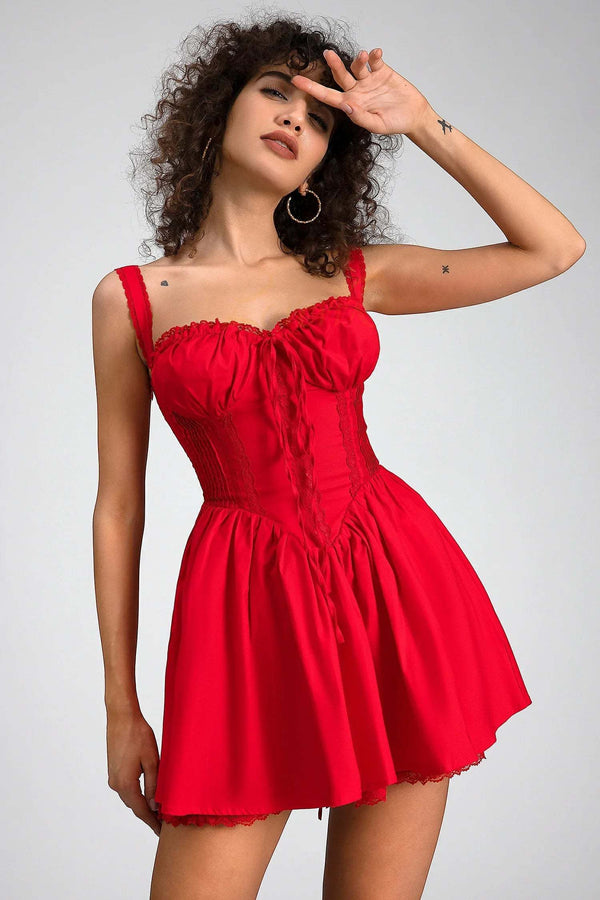 LOVEVVR Rozelle Strap Woven Mini Dress In Red