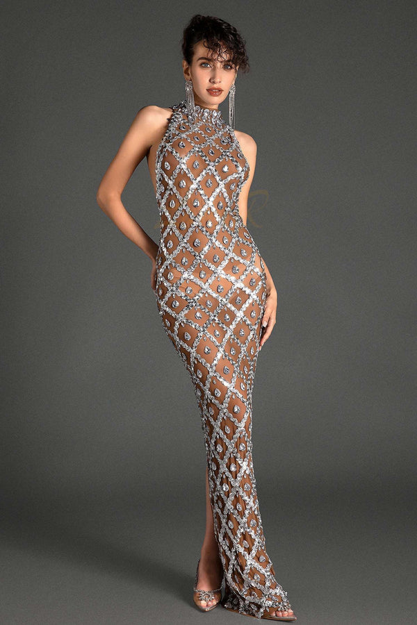 LOVEVVR Vlasis Diamond Halter Neck Mermaid Dress In Brown