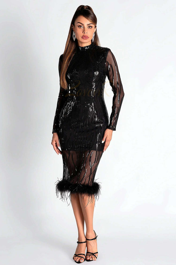 LOVEVVR Smendes Sequin Mesh Feather Dress