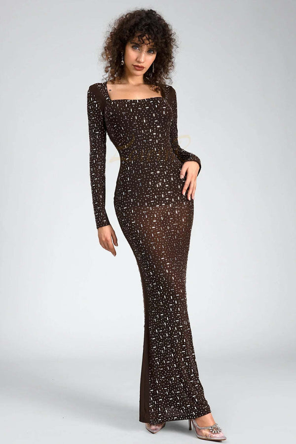 LOVEVVR Safiya Rhinestone Sheer Mesh Dress