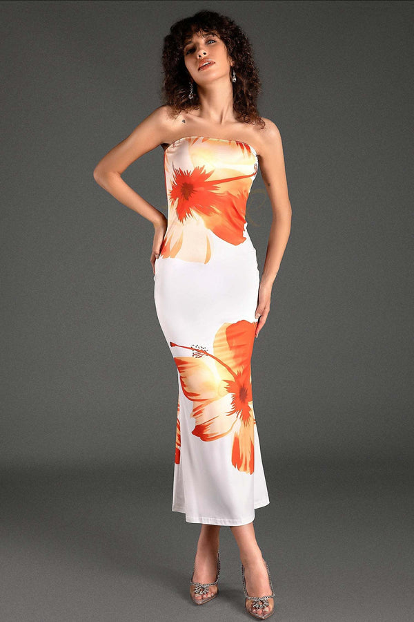 LOVEVVR Sarrides Strapless Print Midi Dress