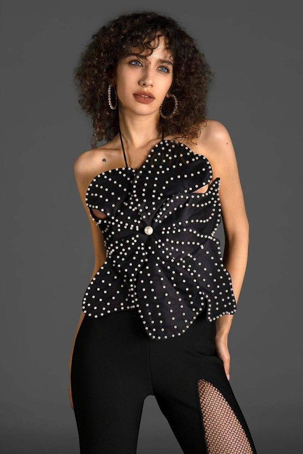 LOVEVVR Xaida 3D Flower Pearl Embellished Top In Black