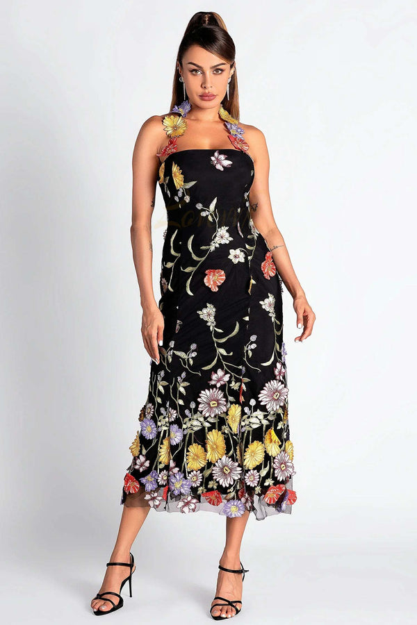 LOVEVVR Seth Halter Embroider Floral Dress