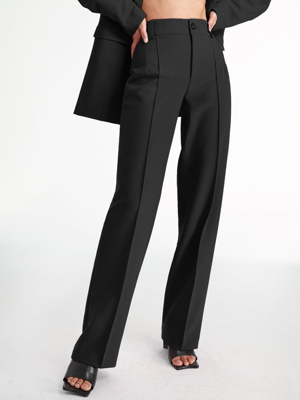 LOVEVVR High Waisted Pleat Front Solid Colored Straight Leg Trousers