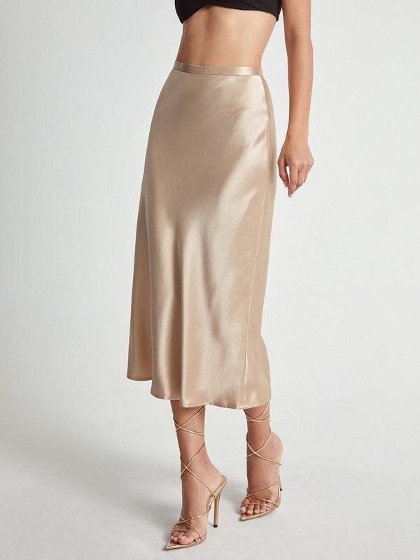 LOVEVVR High Waisted Satin Flowy Midi Skirt