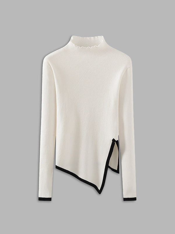 LOVEVVR Asymmetrical Trim Mock Neck Sweater