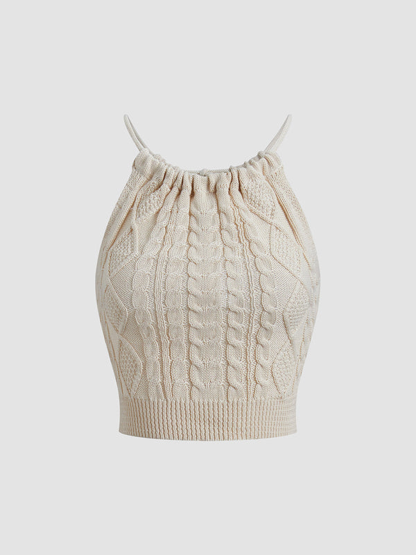 LOVEVVR Drawstring Open Back Cable Knit Halter Crop Top