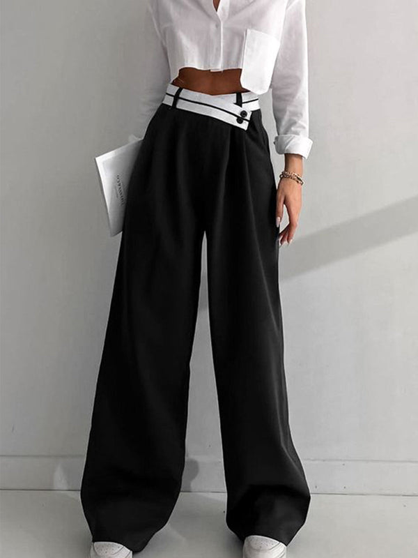 LOVEVVR Asymmetrical Contrast Waistband Wide Leg Dress Pants