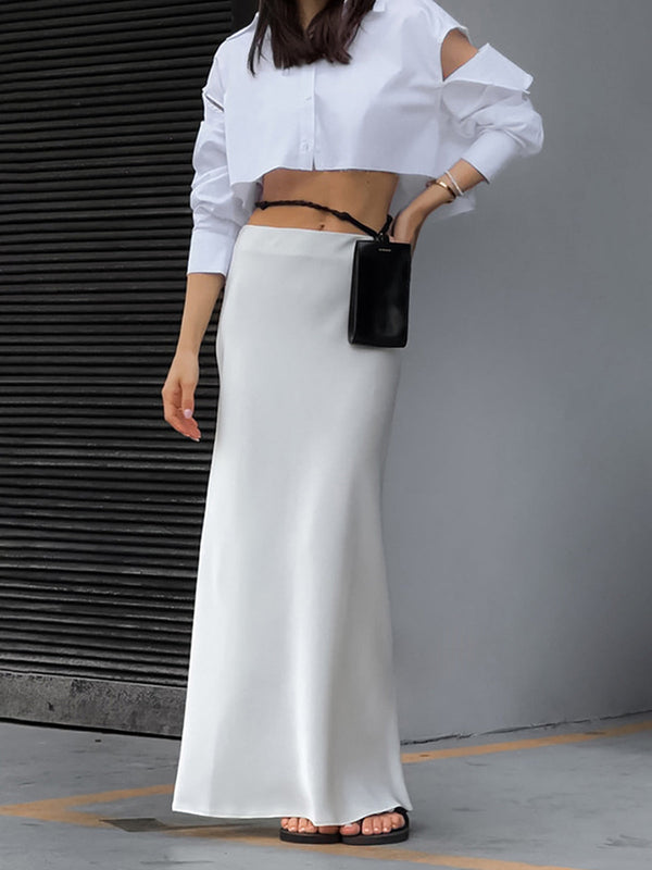 LOVEVVR Ivory Glow Satin Maxi Skirt