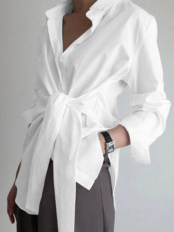 LOVEVVR Button Down Tied Long Shirt