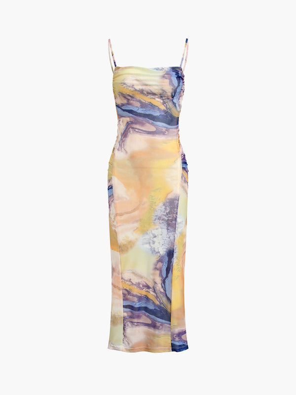 LOVEVVR Granite Tie Dye Mesh Ruched Midi Dress