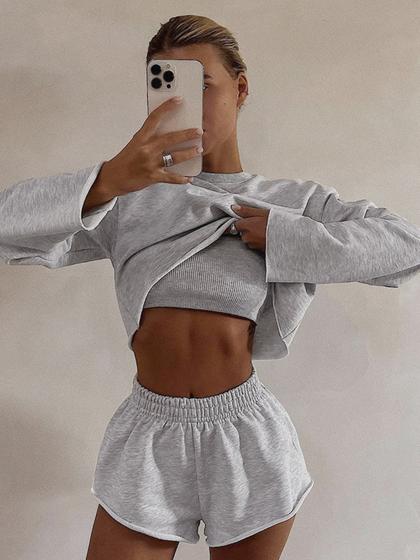 LOVEVVR Athleisure Long Sleeve Three Piece Shorts Set