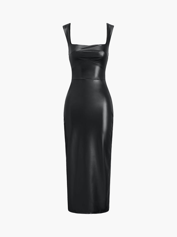 LOVEVVR Faux Leather Bodycon Midi Dress