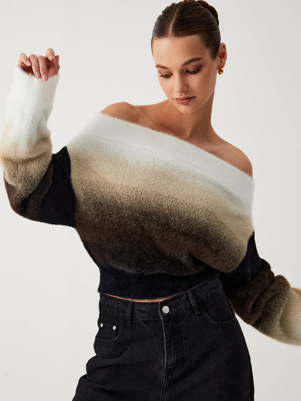 LOVEVVR Dawn Ombre Fuzzy Off Shoulder Crop Sweater