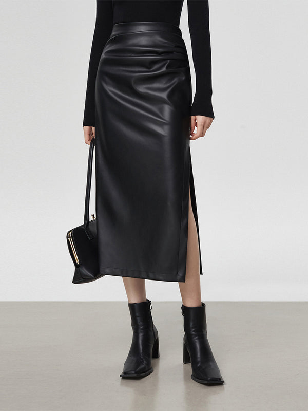 LOVEVVR Faux Leather Ruched Slit Midi Skirt