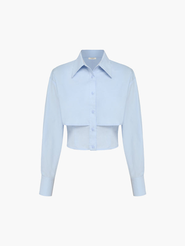 LOVEVVR Baby Blue Open Collar Double Layer Crop Shirt