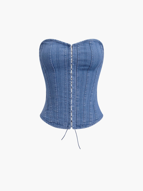 LOVEVVR Hook-and-Eye Tie Back Tube Denim Top