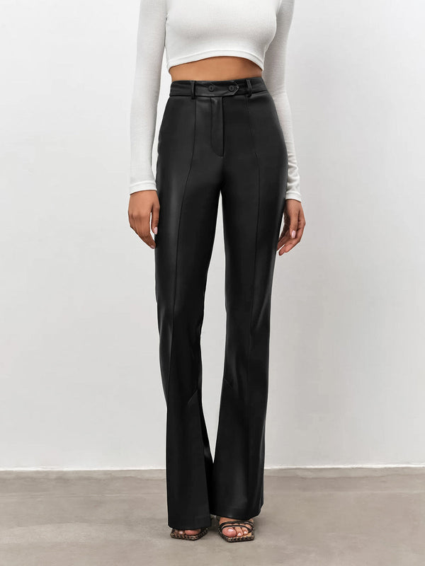 LOVEVVR High Waisted Leather Straight Leg Flare Pants