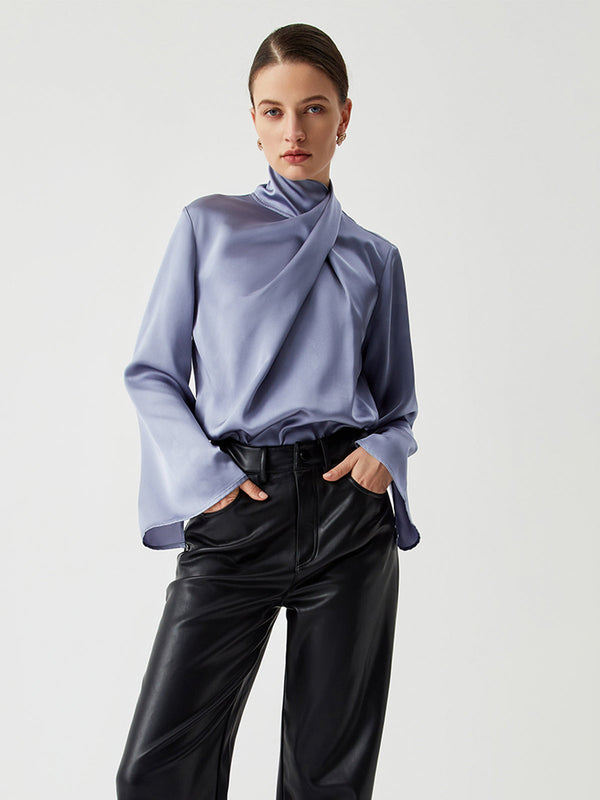 LOVEVVR Asymmetric Pleated Turtleneck Satin Shirt