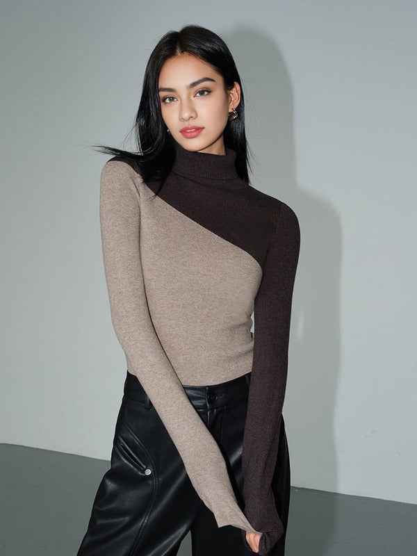 LOVEVVR Asymmetric Patchwork Long Sleeve Mock Neck Knit Top