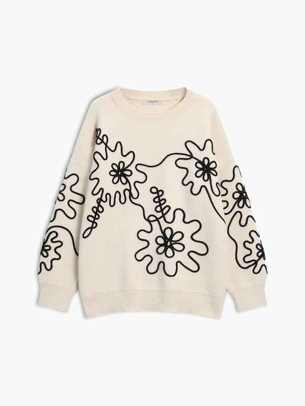 LOVEVVR Knit Floral Oversized Sweater