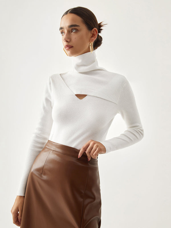 LOVEVVR Criss Cross Turtleneck Long Sleeve Knit Top