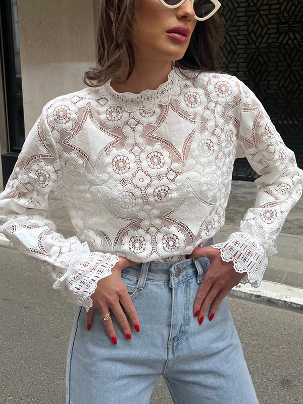 LOVEVVR Lace Embroidery Floral Mock Neck Blouse