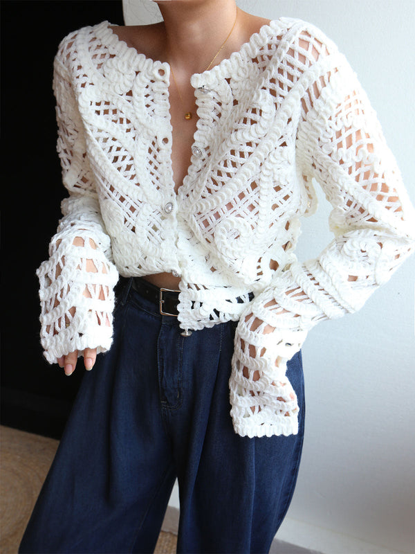 LOVEVVR Crocheted Hollow Beaded Button Cardigan