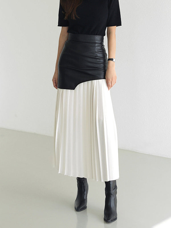 LOVEVVR Asymmetric Patchwork Faux Leather Chiffon Pleated Midi Skirt