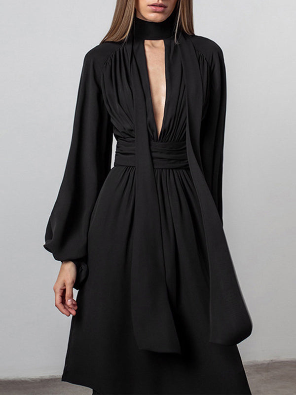 LOVEVVR Bow Puffy Sleeve Chiffon Midi  Dress